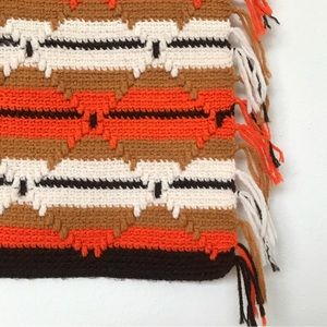 Vintage 70s Afghan Crocheted Throw Blanket Orange and Brown